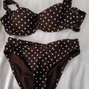 2 piece swim, brown and light pink polka dots,